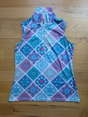 High-Neck Mosaic Print Sleeveless Tank Top - Blue & Pink